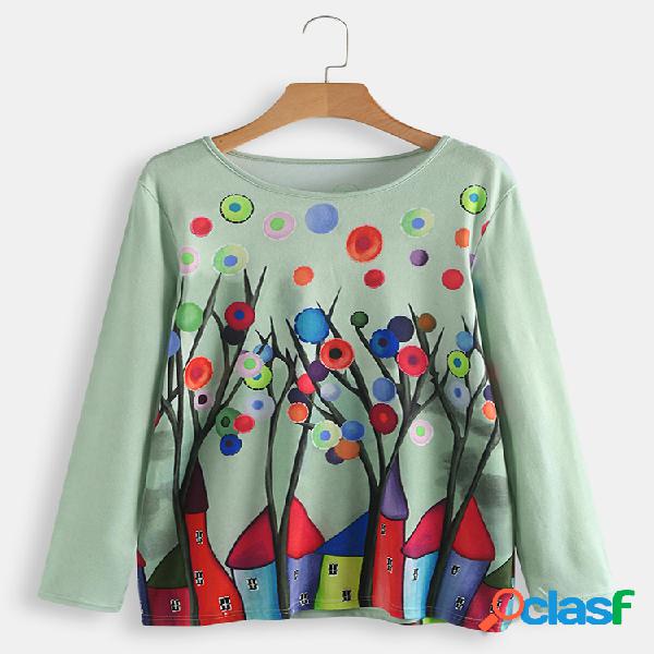 Casa na árvore impressa Crewneck Plus blusa de malha de