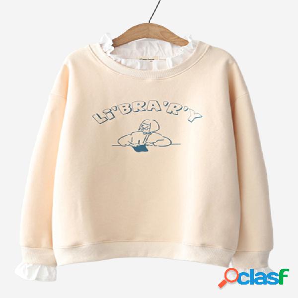 Casual Imprimir Ruffle Neck camisola de manga comprida
