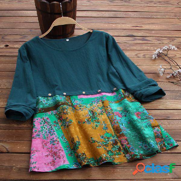 Casual Vintage Patchwork Floral Print O-pescoço Blusa de