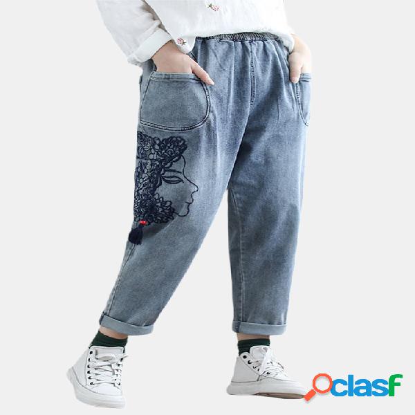 Casual lado bordado cintura elástica Harem Denim