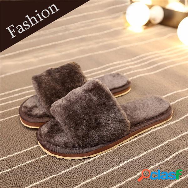 Chinelos Peludos Peep Toe Quentes Internos Planos Sem