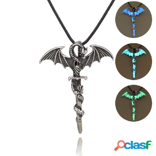 Colar Punk Vintage Luminoso Masculino Pingente de Dragão