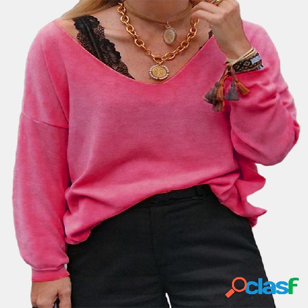 Cor sólida Decote em V Casual Plus Blusa de tamanho