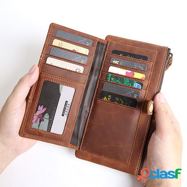 Couro Genuíno Bifold Carteira Casual Vintage 10 Card Slots
