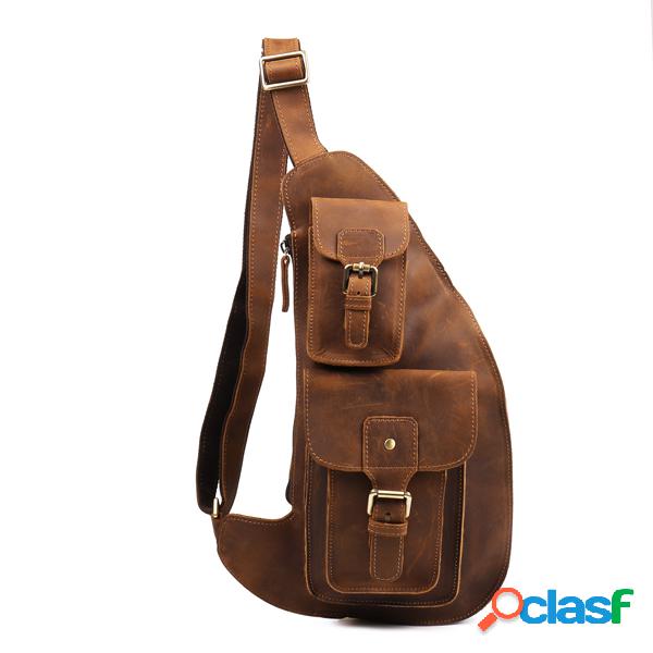 Couro Genuíno Peito Bolsa Crossbody Multi-bolso