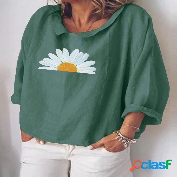 Daisy Print Turtleneck Half Sleeve Plus Blusa de tamanho