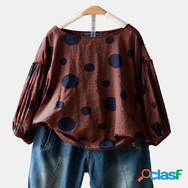 Dot Imprimir mangas compridas O-pescoço Blusa Casual
