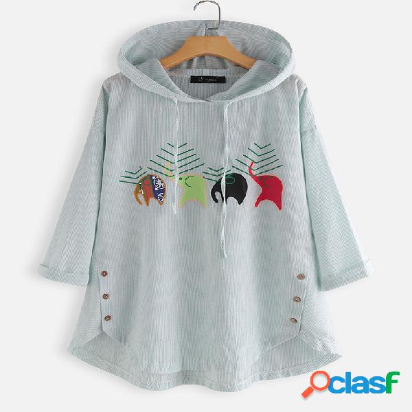 Elefante Impressão Botão Listrado Com Capuz Plus Blusa