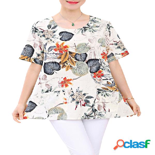 Elegante O-pescoço manga curta Pocket Floral T-shirts