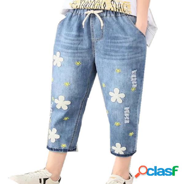Flor Casual Bordado Elástico Na Cintura Azul Denim