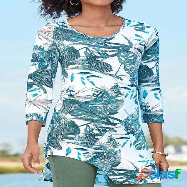 Folhas Imprimir Irregular 3/4 Manga Blusa Para Mulheres