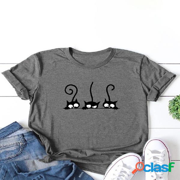 Gato dos desenhos animados impresso t-shirt de manga curta