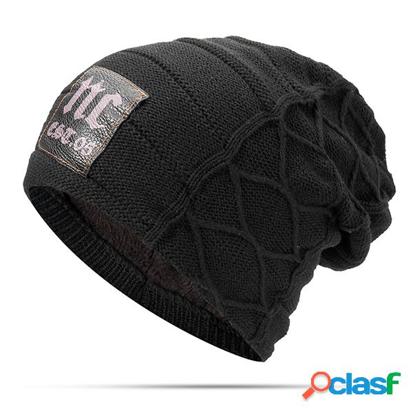 Gorro Tricotado Casual Sólido Veludo Grosso Letra Estampada