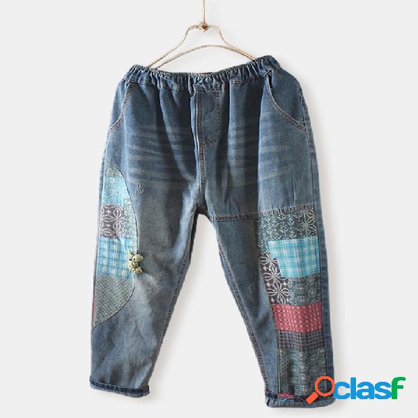 Harem Jeans da cintura elástica do bordado do vintage para