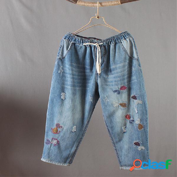 Harem Jeans do cordão da cintura elástica do bordado dos