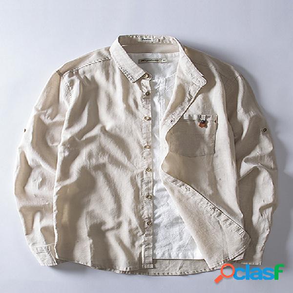 Homens Casual Solid Color Chest Pocket Cotton Shirts
