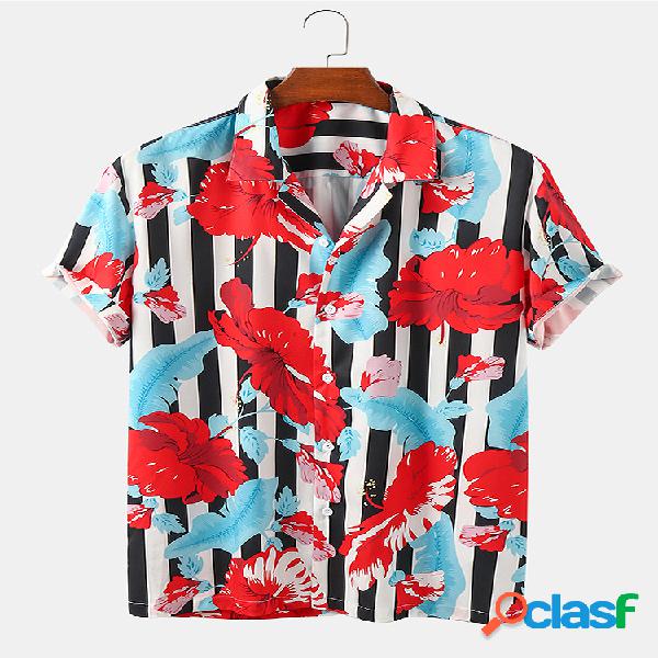 Homens Peony Print & Striped Praia Lapela Casual Camisa