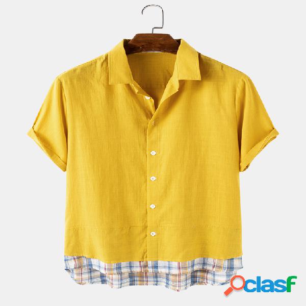 Homens algodão xadrez patchwork casual Camisa