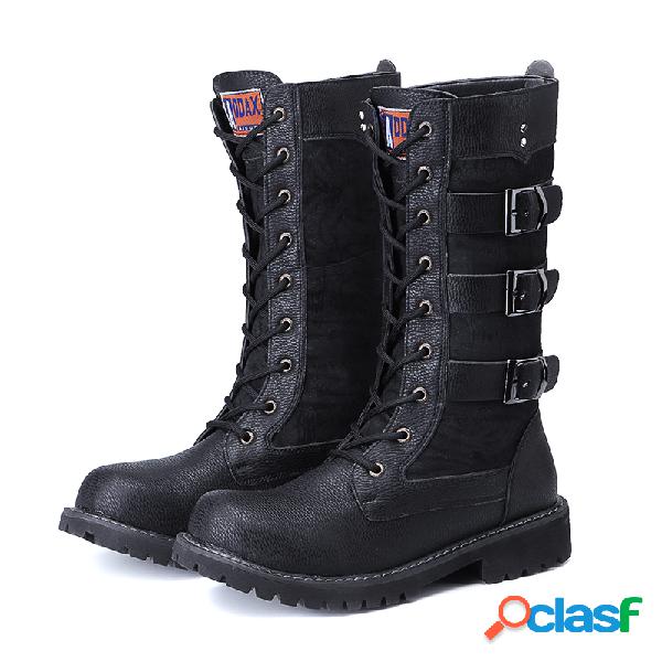 Homens fivela de metal Mid-calf Outdoor Lace Up Botas de