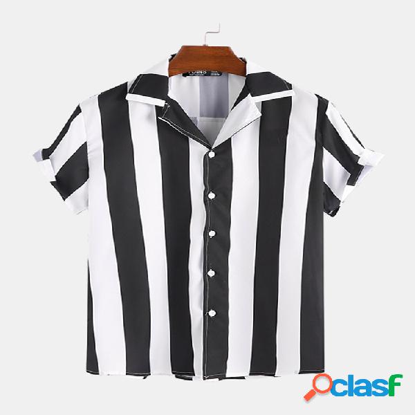 Homens listrado com decote em v manga curta relaxado Camisa