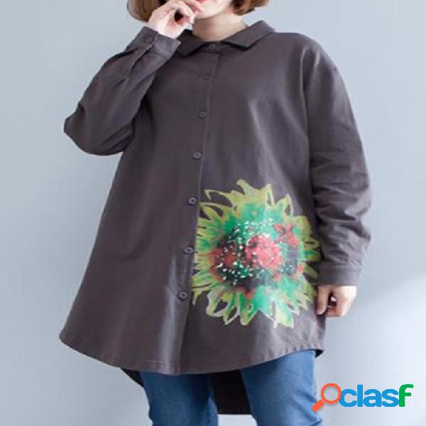Lapela impressa flor Camisa casual para mulheres