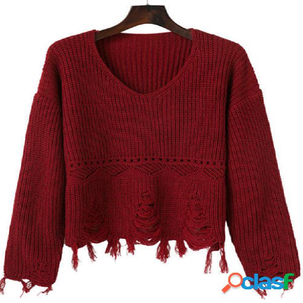 Loose V Neck Tassel Têxteis Camisolas de cor pura para as