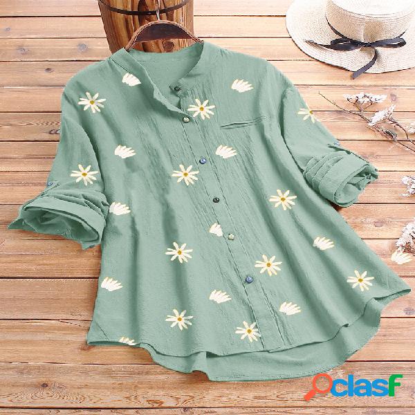 Margarida Impressão Colorful Botão Plus Tamanho Camisa