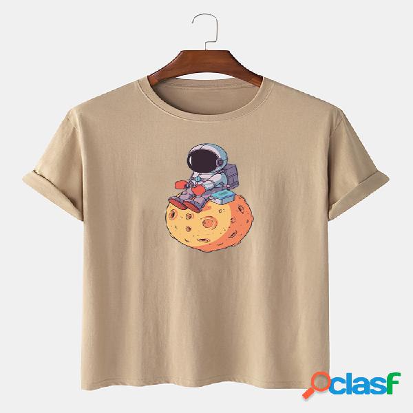 Mens 100% Cotton Astronaut Graphic Casual O-Neck T-shirts de