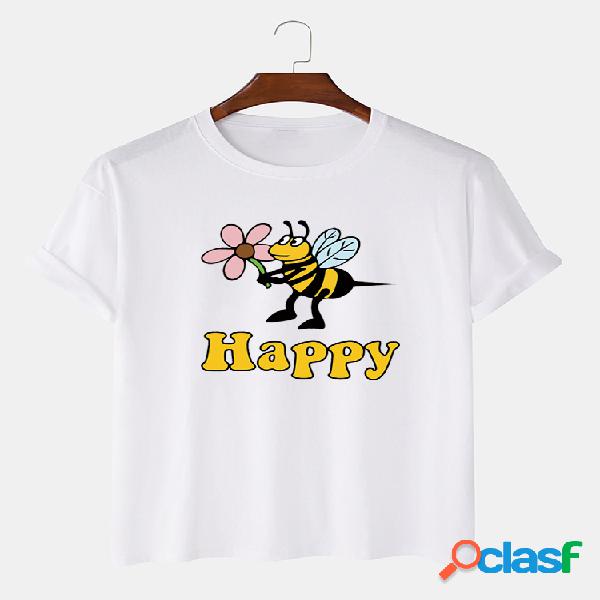 Mens 100% algodão Bee Happy Printed respirável Casual