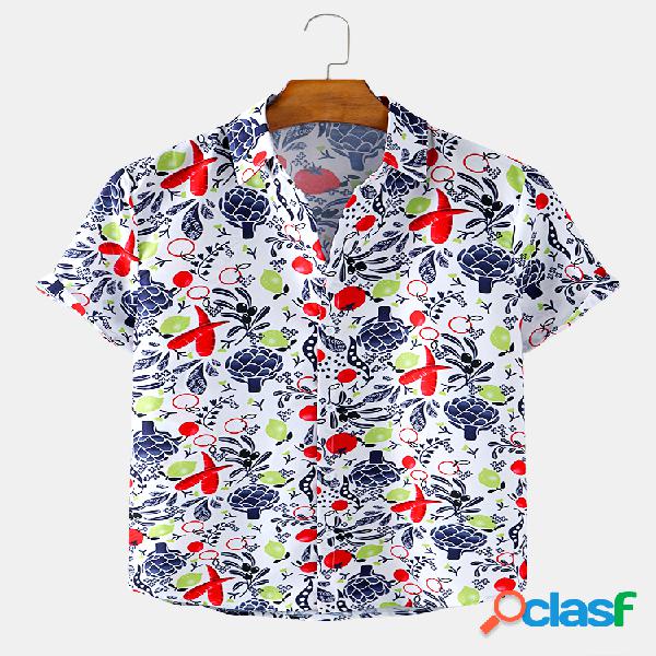Mens Abstract Planta Print Respirável Casual Verão Camisas