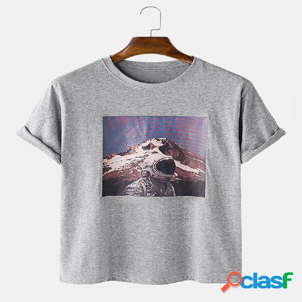 Mens Astronaut Graphic Impresso Casual Cotton T-shirt