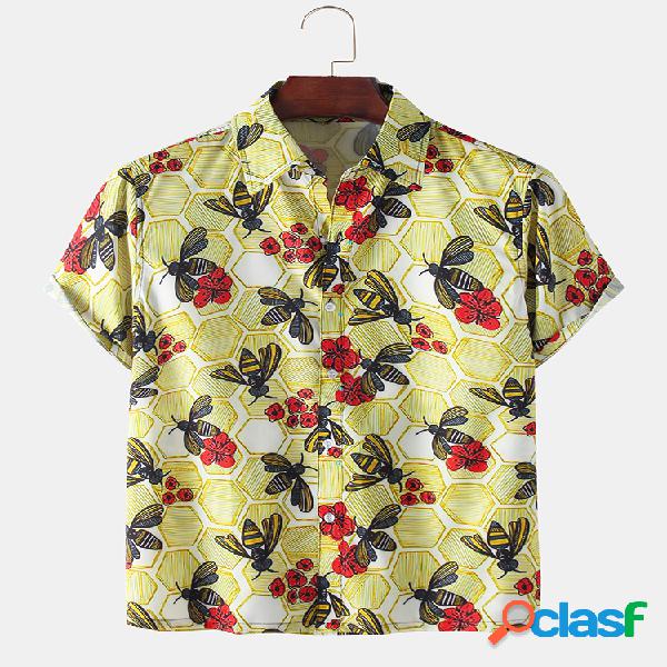 Mens Bee & Floral Print Respirável Casual Light Camisas de