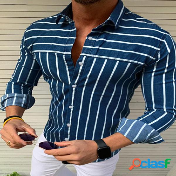 Mens Brief Style Stripe Casual Respirável Camisas de manga