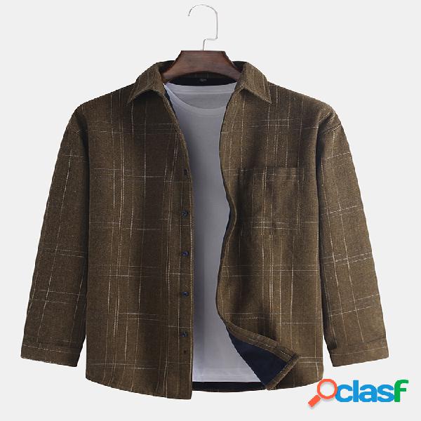 Mens Business Casual Gingham Fleece Forrado Casacos de manga