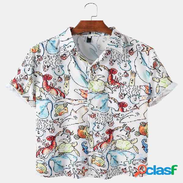 Mens Cartoon Animal Impresso Pocket Light Casual Camisas de