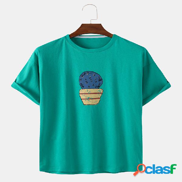 Mens Cartoon Cactus Print Cor sólida respirável O-Neck