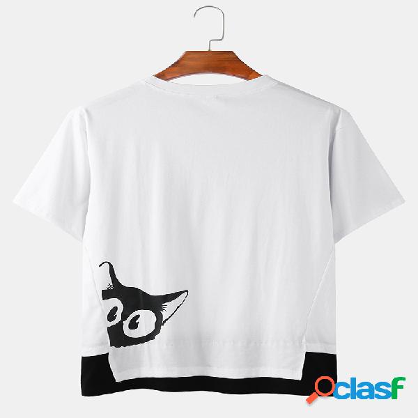 Mens Cartoon Cat Print Plain respirável Light Casual O-Neck