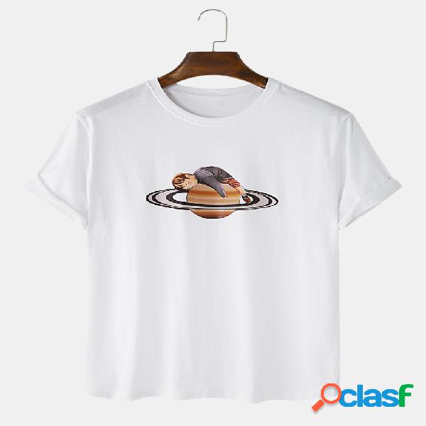 Mens Cartoon Planet Impresso 100% Algodão Casual T-shirt