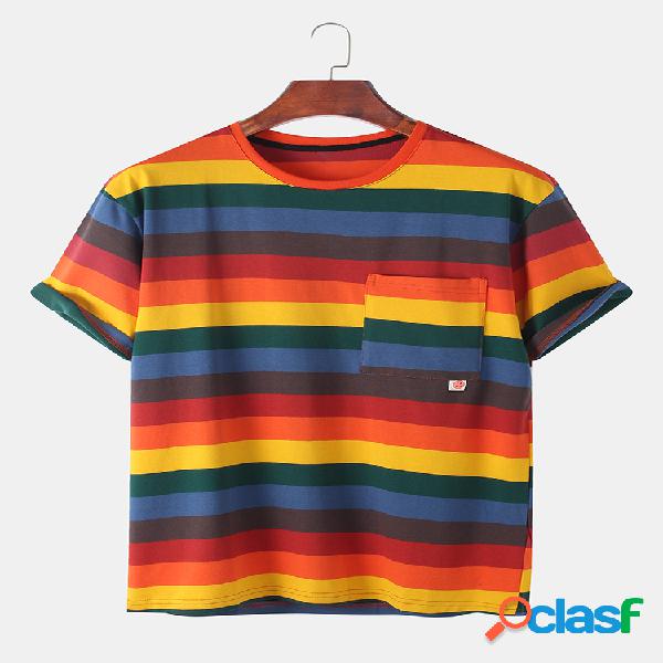 Mens Color Striped Chest Pocket Camisetas de manga curta em