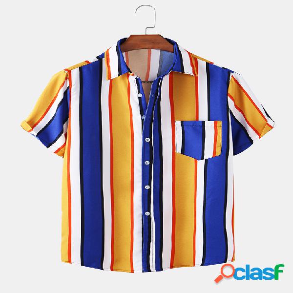 Mens Colorful Stripes Print Casual Light Holiday Camisas de