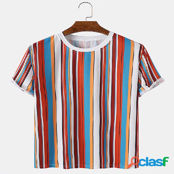Mens Colorful Stripes Print Loose Respirável Casual Round