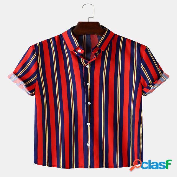 Mens Colorful Stripes Print Turn Down Collar Light Camisas