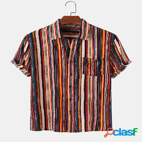 Mens Colorful Stripes Print Vintage Light Casual Camisas de