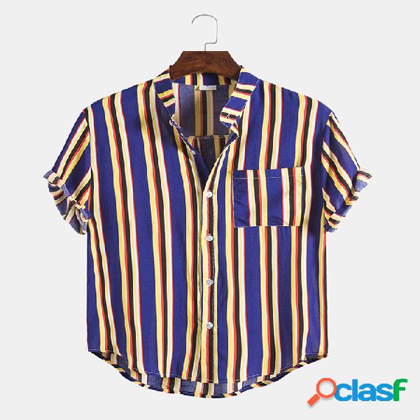 Mens Design Listrado Casual Hit Color Round Hem Camisas de