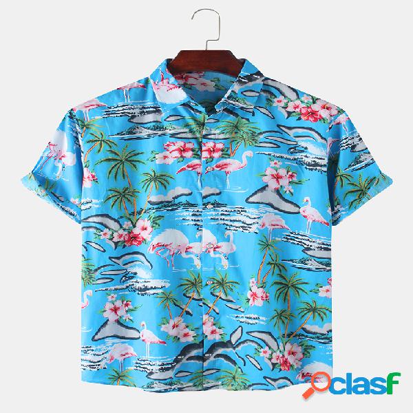 Mens Flamingo & Planta Print Praia Holiday Casual Camisas de