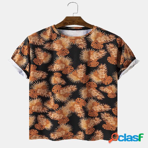 Mens Floral Impresso Algodão Casual Manga curta T-shirts