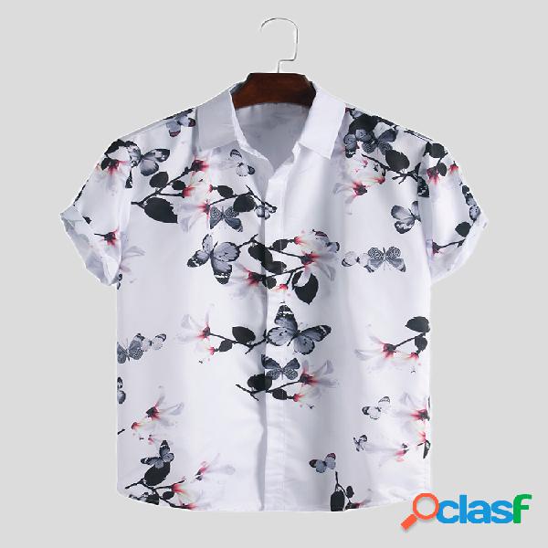 Mens Floral Impresso Casual Slim Fit Casual Camisas de manga