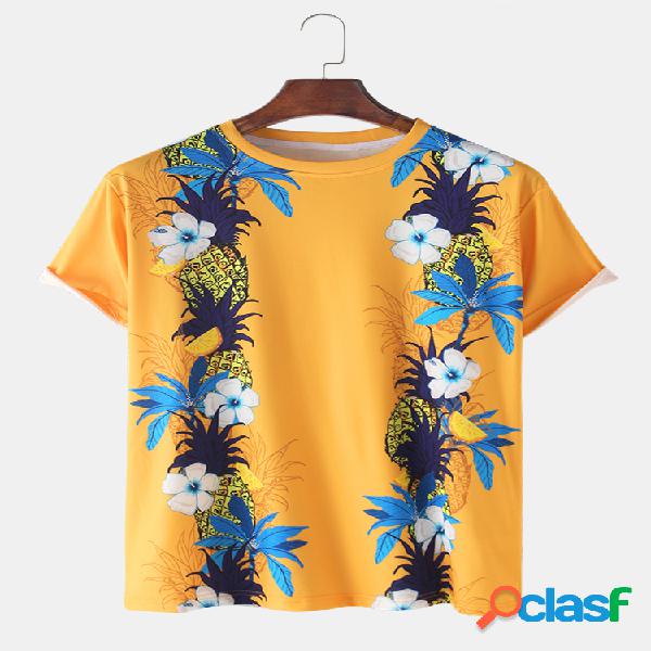 Mens Floral Print Floral Holiday Casual Loose O-Neck