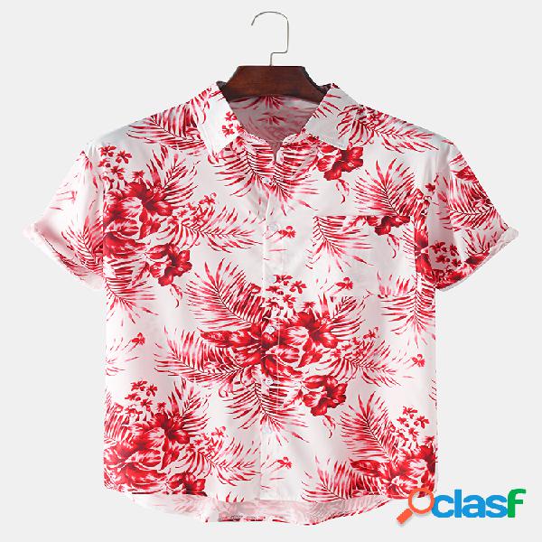 Mens Floral Print Holiday Light Turn Down Collar Camisas de