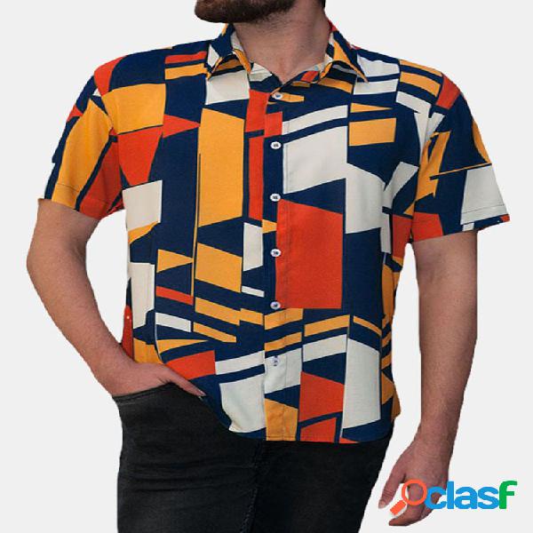 Mens Geometric Colorful Block Impresso Manga curta Camisa